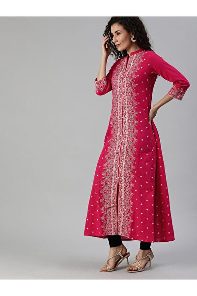 Ishin By Styli Women Pink White Printed A-Line Kurta with Mirror Work