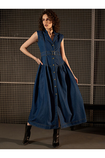Stylestone By Styli Denim Sleeveless Buttoned Maxi Dress with Belt