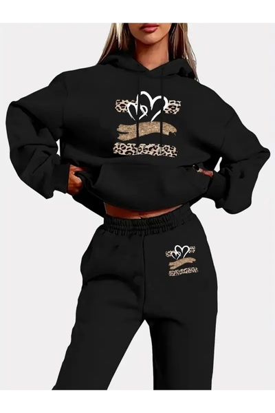 FUFLUNS طقم بدلة رياضية بقلنسوة للجنسين للنساء/الرجال مطبوع عليه نمط قلب الفهد