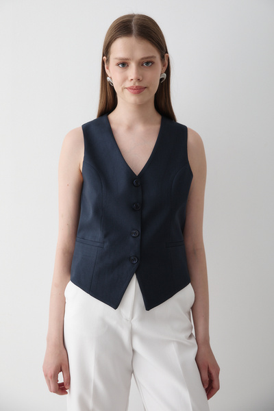 JASTE Women's Navy Blue Lined Button Detailed Vest