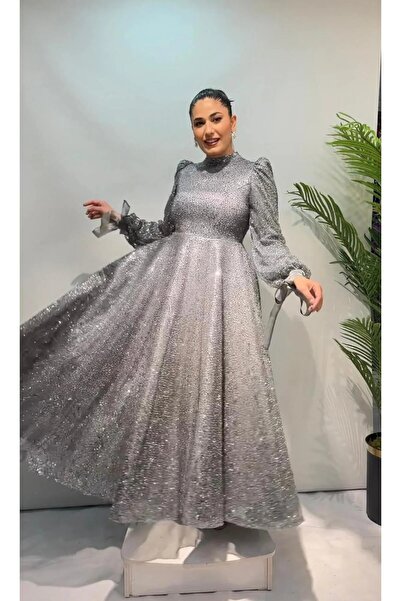 New Elegans Tesettür Abiye Elbise - Tamamı Simli İşlemeli Uzun Kollu, Özel Gü...