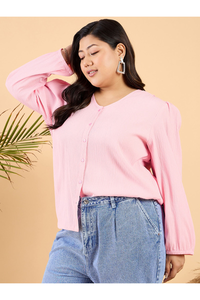 CURVY STREET By Styli Plus Size Solid V-Neck Puff Sleeve Top