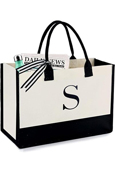 Skycare Initial Canvas Tote Bag, Beach Bag, Grocery Shopping Bag, Monogrammed Gifts Bag for Wedding,