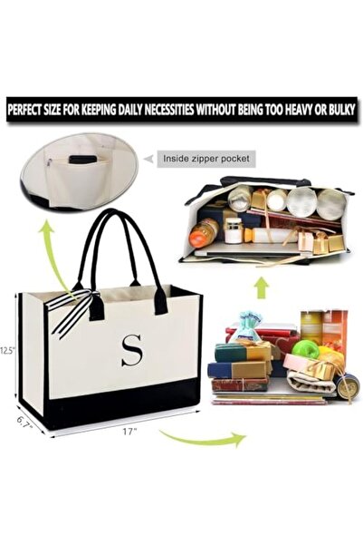 Skycare Initial Canvas Tote Bag, Beach Bag, Grocery Shopping Bag, Monogrammed Gifts Bag for Wedding,