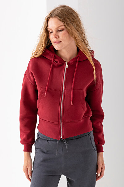 GİYSA Дамска къса блуза с качулка, джобове и цип по цялата дължина, в цвят бордо - 2503