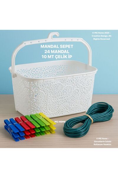 MG HOME Set Set Clothes Peg Basket 24 Pieces Pegs 10 Mt Steel Rope Set Laundry Hanging Drying