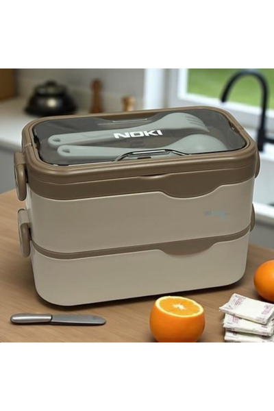Next Plus Bento Stainless Steel 1300ml Two-Layer Three-Compartment Lunch Box Food Container with Fork and Spoon