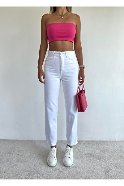 kleshus Pantaloni TREND pentru femei Lena, albi, din lycra, cu talie înaltă