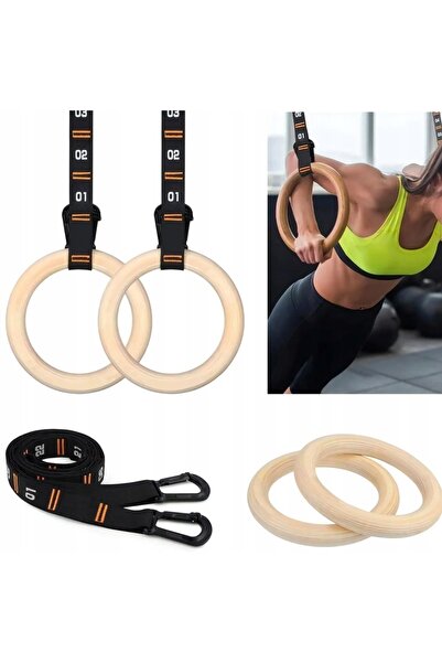 zola Set 2 inele gimnastica lemn 17 cm, 2 curele reglabile 240 cm, 2 benzi antiderapante, crem/negru