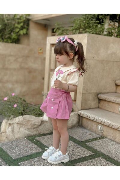 Yağmurun Butiği Pink Color Shorts Skirt Collar Tshirt Double Combination Buckle Gift