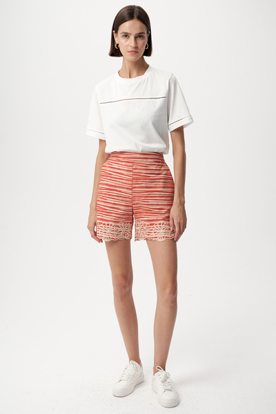 Allyco Floral Embroidery Embroidered Pocket Striped Red Beige Shorts