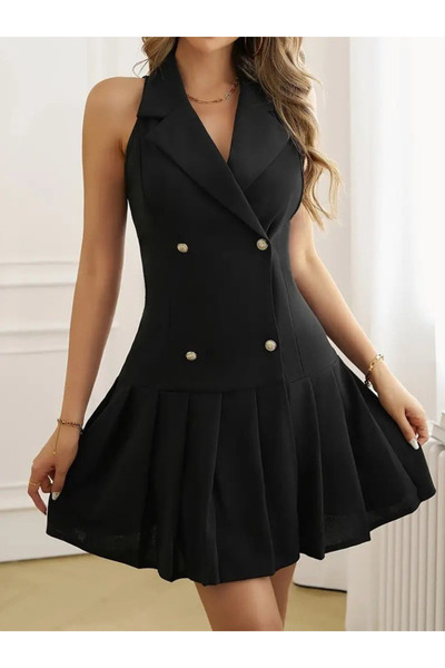 Viyamo New Season Women's Sleeveless Collar Front Button Pleated Imported Crepe Mini Dress