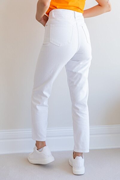 beeke Pantaloni albi Mom Jean pentru femei, cu talie înaltă, pantaloni albi Mom Jeans (FIT EXACT)