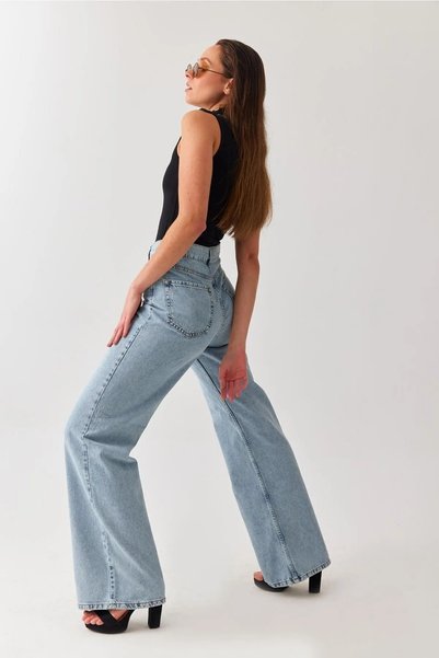 beeke Esperenza 90's Snow Wash Blue Lycra Super Extra High Waist Wideleg Palazzo Casual