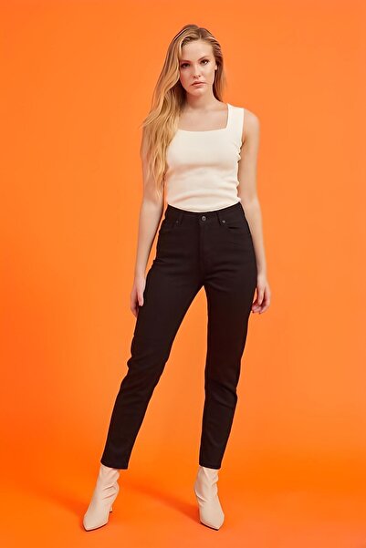 kleshus حذاء نسائي من الجينز الأسود Colorfast Mom Boyfriend بخصر عالٍ من الليكرا