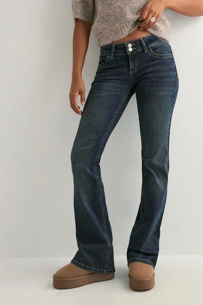 VibeGaia Low Waist Bootcut Back Pocket Detailed Dark Blue Denim Trousers