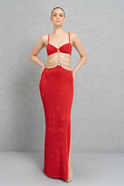 Kikiriki Red Waist Chain Detailed Maxi Dress