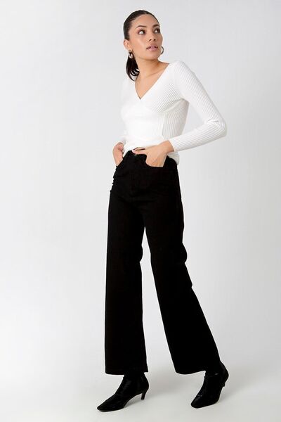 kleshus بنطلون جينز بالازو أسود عالي الخصر للنساء من الليكرا