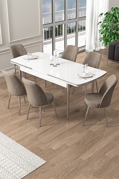 Canisa Pale Serisi 80x132 Açılabilir Beyaz Mutfak Masa Takımı 6 Cappucino Sandalye Krom Detay