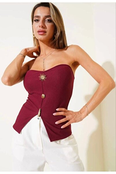 bysoca Γυναικεία μπλούζα μπουστάκι με στράπλες μπορντό με κουμπιά μπροστά από...