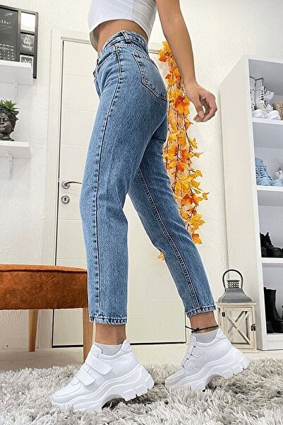 kleshus Light Blue Mom Jeans Lycra High Waist Blue Snow Washed Mom Jeans Extr...
