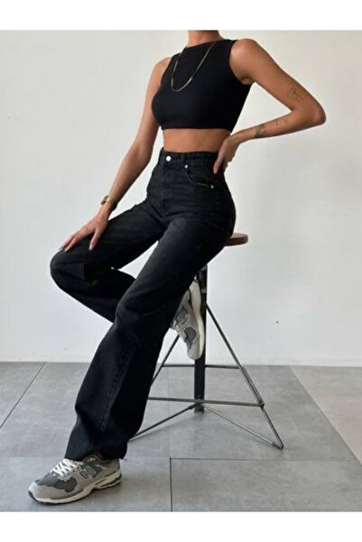 kleshus Trend Jean Papel ženske Visok struk široke palazzo pantalone - crne