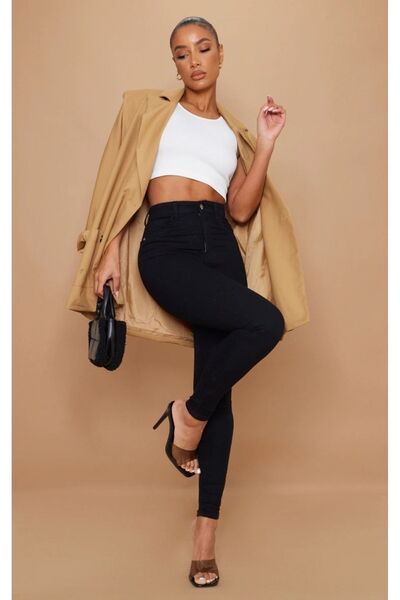 kleshus بنطلون جينز نسائي أسود من الليكرا بخصر مرتفع من Eric