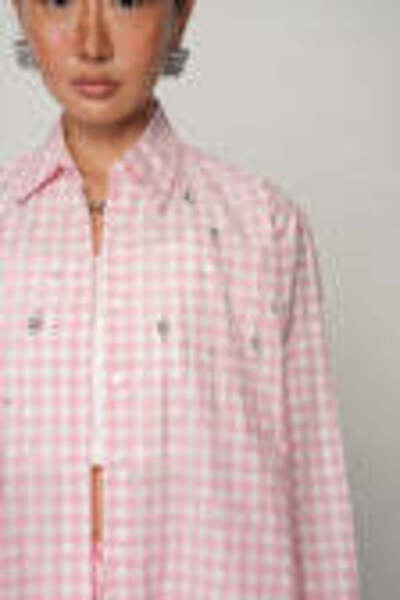 Orfeo Negro Robe Stone Embroidered Oversize Gingham Women's Shirt - Pink Plaid