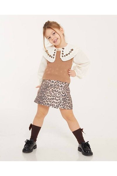 Pinkitokids Leopard Pattern Denim Shorts Skirt-Sweater-Shirt Set