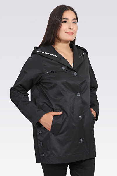 TOLGA SARAÇOĞLU 60073 SİYAH KAPÜŞONLU YANI YIRTMAÇLI ASTARSIZ MEVSİMLİK TRENÇKOT