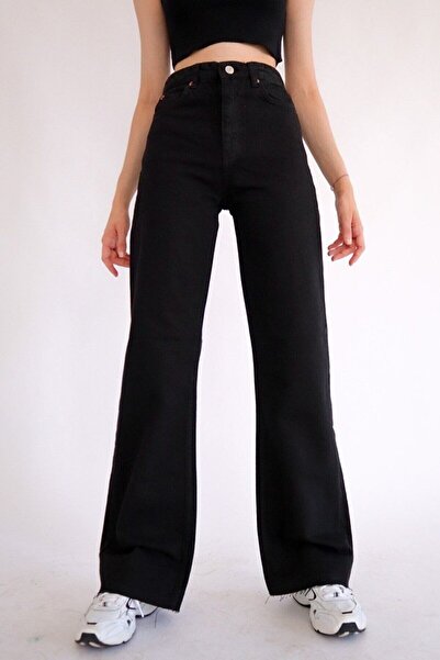 kleshus بنطال جينز إيفانجلين ليكرا أسود عالي الخصر وفضفاض بأرجل واسعة