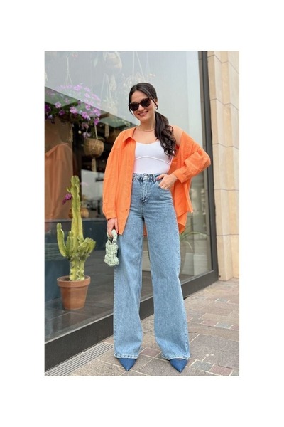 kleshus بنطلون جينز مارينا أزرق ليكرا عالي الخصر للغاية وفضفاض بأرجل واسعة