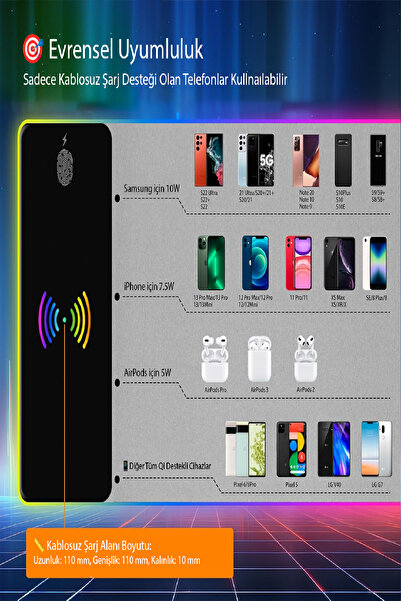 Ecuy RGB Gaming Mouse Pad Kablosuz 15W Şarjlı 14 Mod LED Işıklı Kaymaz Oyun Mousepad 300x800mm XL