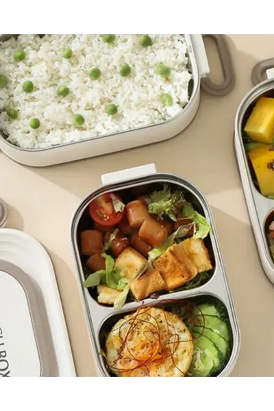 Next Plus Bento Stainless Steel 1300ml Two-Layer Three-Compartment Lunch Box Food Container with Fork and Spoon