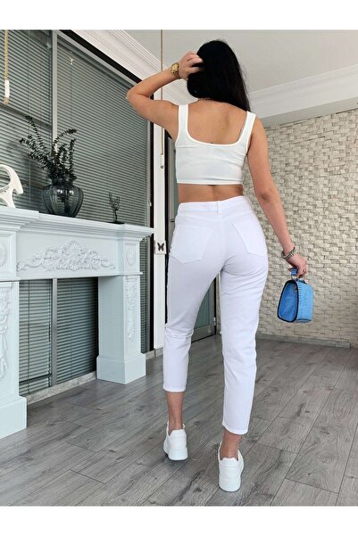 kleshus Pantaloni Lena White Mom Jean cu talie înaltă