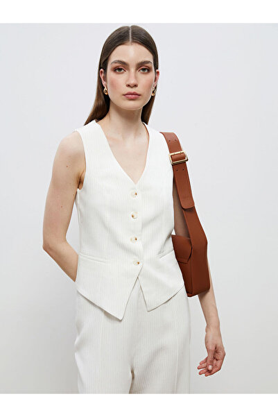 LC Waikiki Beige V-Neck Striped Linen Look Women's Classic Vest