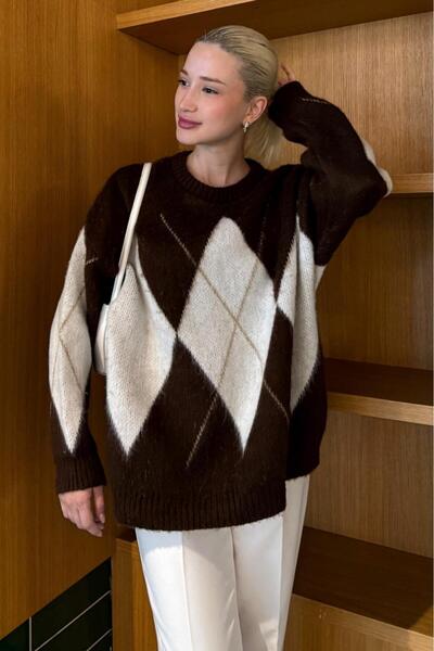 Madmext Γυναικείο πουλόβερ καφέ Crew Neck με γεωμετρικό σχέδιο Mg2471