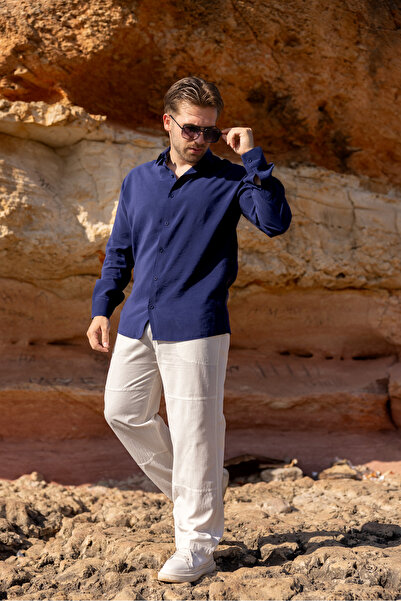 COMBİNE MİCHAİL Erkek Uzun Kol Yazlık Basic Mavi Bol Gömlek