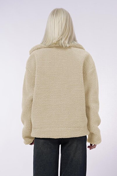 Madmext Μπεζ δερμάτινο λεπτομερές γυναικείο βελούδινο παλτό Mg2485