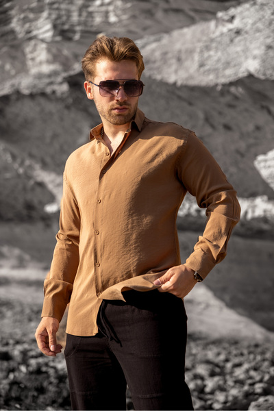 COMBİNE MİCHAİL Men's Long Sleeve Summer Basic Brown Loose Shirt