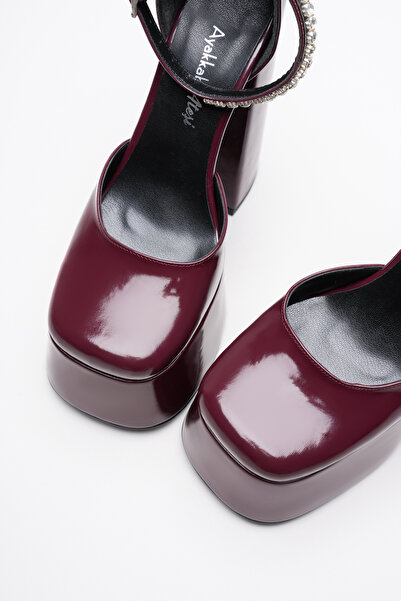 Ayakkabı Ateşi Women's High Platform Thick Heeled Shoes Firona Burgundy Patent Leather