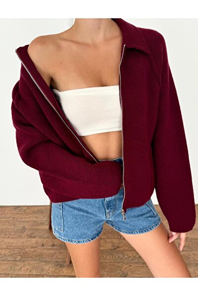 yeditepe fashion Fermuarlı Oversize Bogıe Triko Hırk Bordo
