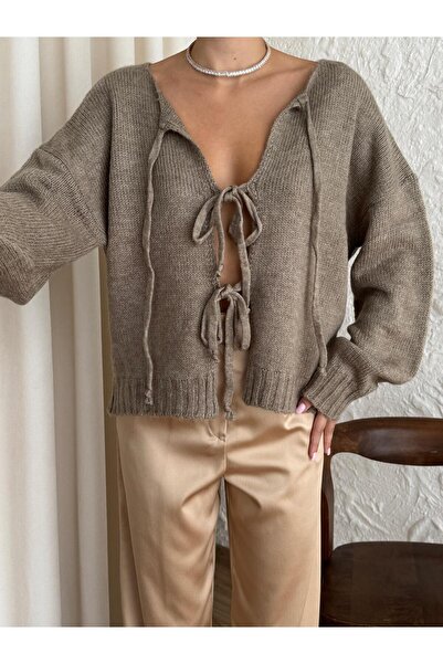 yeditepe fashion Front Tie Laura Cardigan Mink