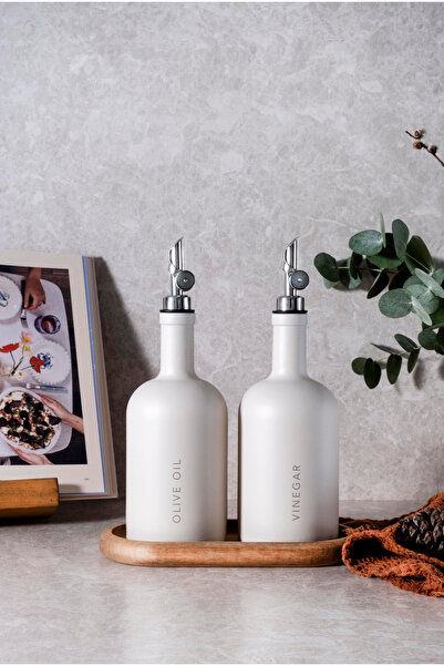 MIROU Ice - 2'li 500ml Kırık Beyaz Dekorlu Cam Yağlık & Sirkelik Seti - Gümüş Başlıklı ve Ahşap Standlı