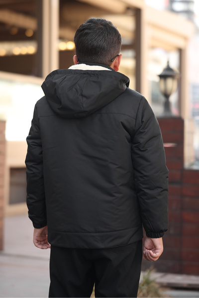 Boymen Siyah İçi Kürklü Kalın Su Geçirmez çıkma Kapişonlu Çocuk Mont Premium Mont