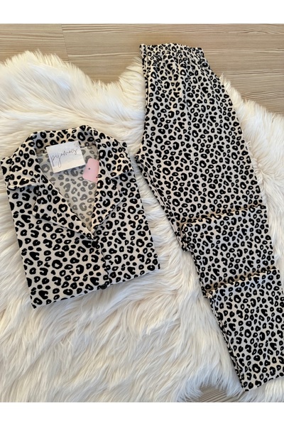 Pijamacs Leopard Print Suede Shirt Collar Long Sleeve Pajamas Set