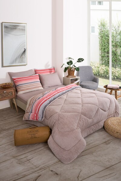 Sudemhome Double Welsoft Sleeping Set Double Sided Wellsoft Fluffy Fleece Quilt and Battal Fitted Sheet