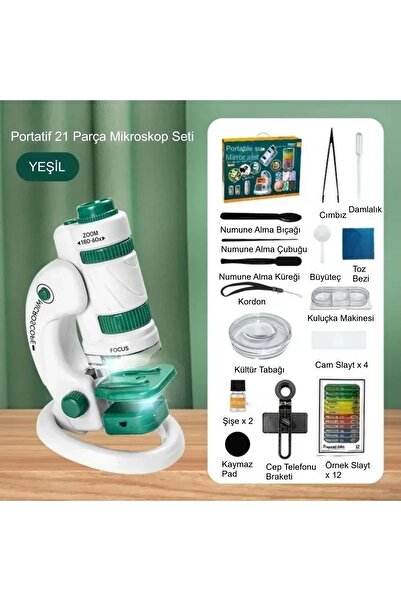 Triline Mikroskop Deney Seti 180X Portatif LED Işıklı Eğitici Öğretici 21 Parça Mobil Taşınabilir