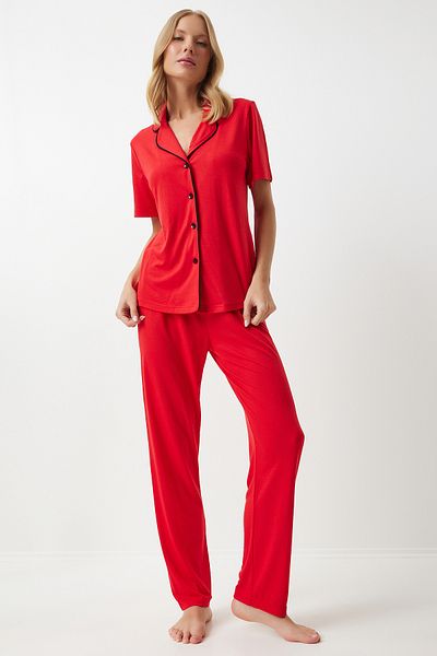 Lovelyİstanbul Piping Detailed Shirt Pants Pajama Set Lec0008 Red