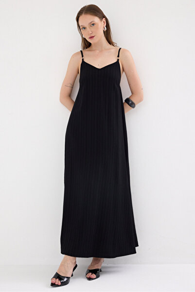 Rays Rochie lungă neagră cu bretele subțiri cu decolteu în V 8026A